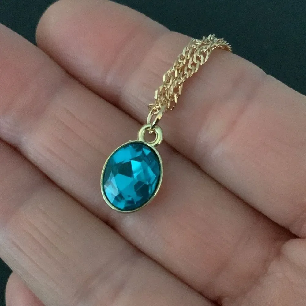 Aquamarine Blue Oval Pendant Necklace - Ocean Blue - Art Deco Style